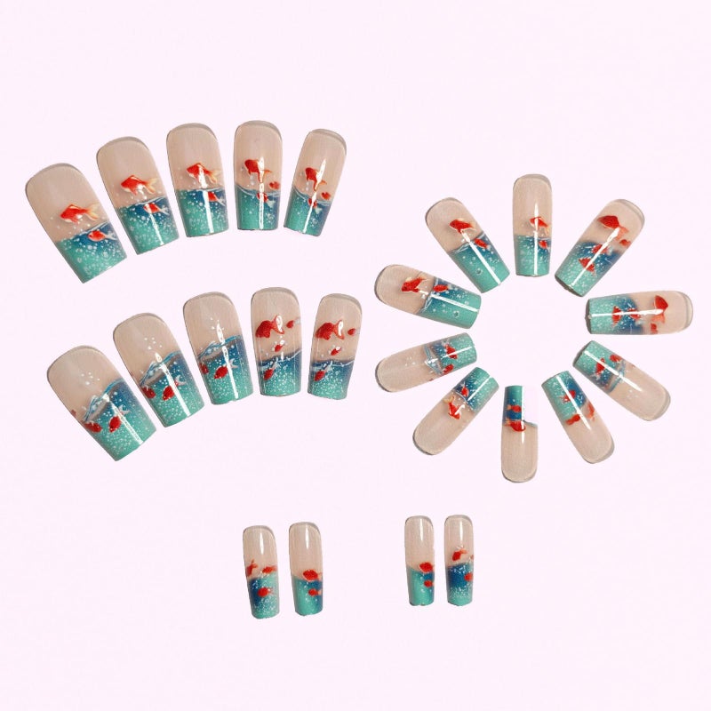 GRITOSE 24Pcs Long Square Press on Nails Thick Fake Nails Blue French Tip False Nails with Goldfish Pattern Design Artificial Acrylic Nails Press ons Reusable Coffin Nail Holiday Glue on Nail for Women - Image 3